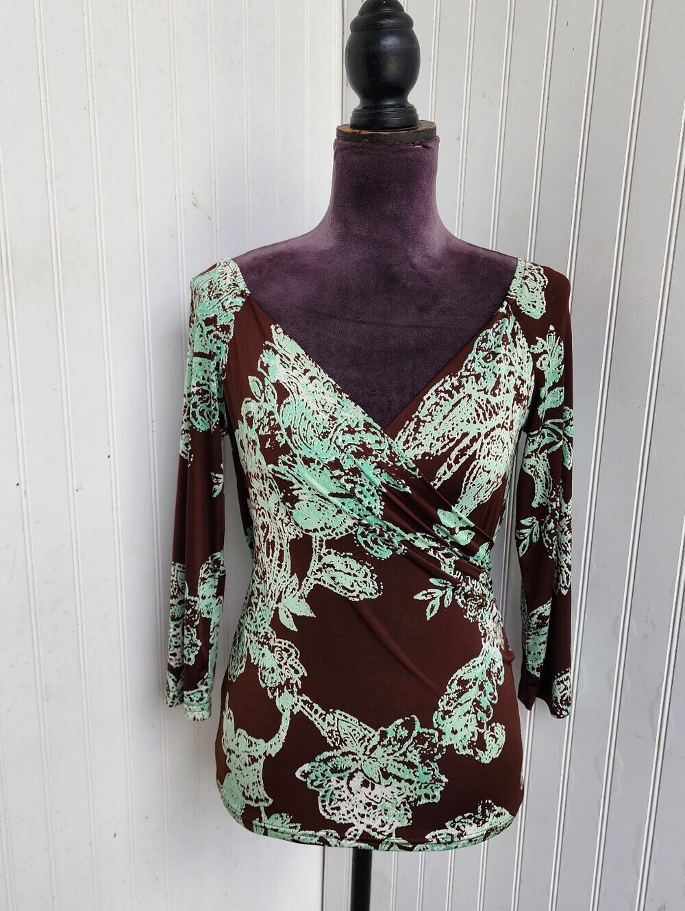 Joseph Ribkoff Wrap Top Brown Green Floral Ruched Canada Stretch 3/4 Sleeve Sz 6